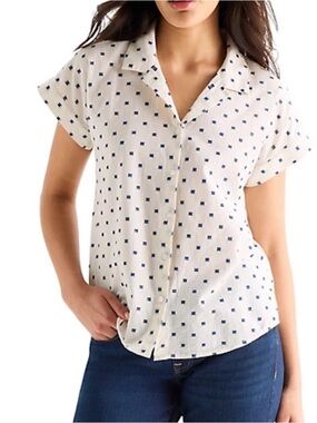 Lucky Brand White Short Sleeve Button-Down with Navy Square Print